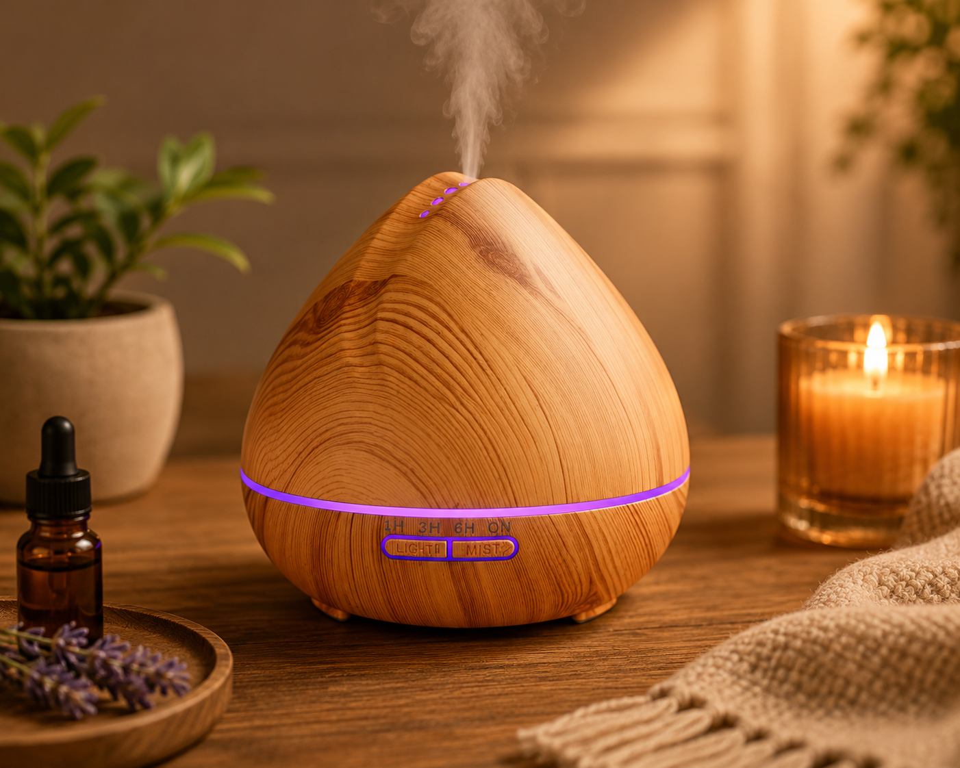Diffuseur d'huiles essentielles effet bois – Humidificateur ultrasonique avec lumière LED