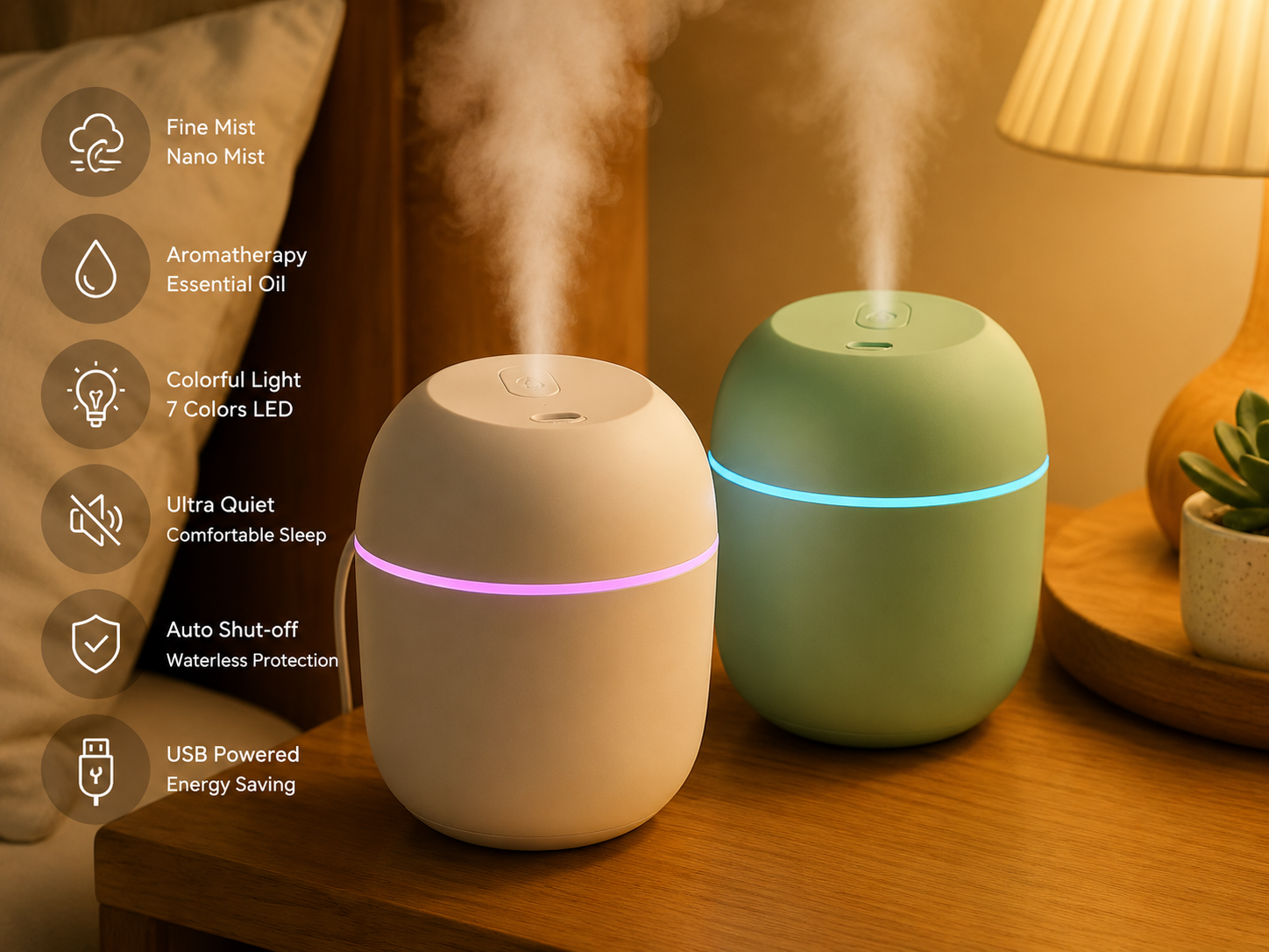 Mini-diffuseur d'arômes USB – Humidificateur d'huiles essentielles à ultrasons avec 7 couleurs de LED