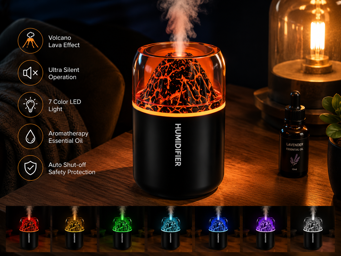 Diffuseur d'arômes Lave Volcanique – Humidificateur d'huiles essentielles ultrasonique avec lumière LED