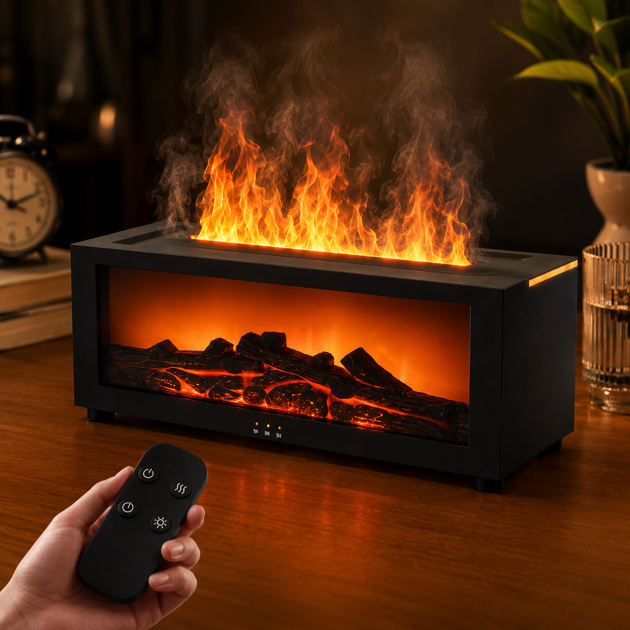Diffuseur d'arôme flamme et humidificateur d'huiles essentielles Humidificateur d'air à brume fraîche USB avec lumière LED flamme et télécommande pour la maison
