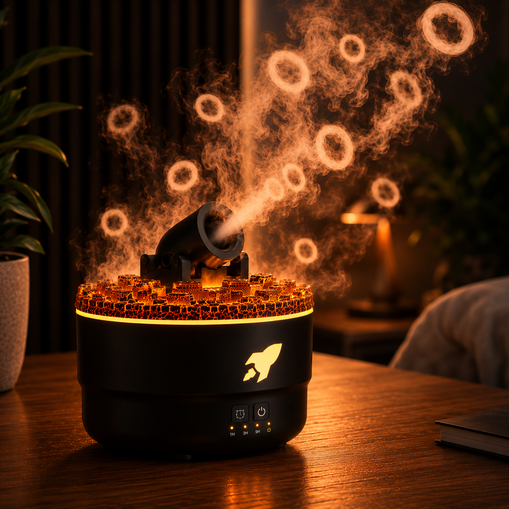 Diffuseur d'arôme flamme volcanique Humidificateur à anneau de fumée avec lumière crépitante