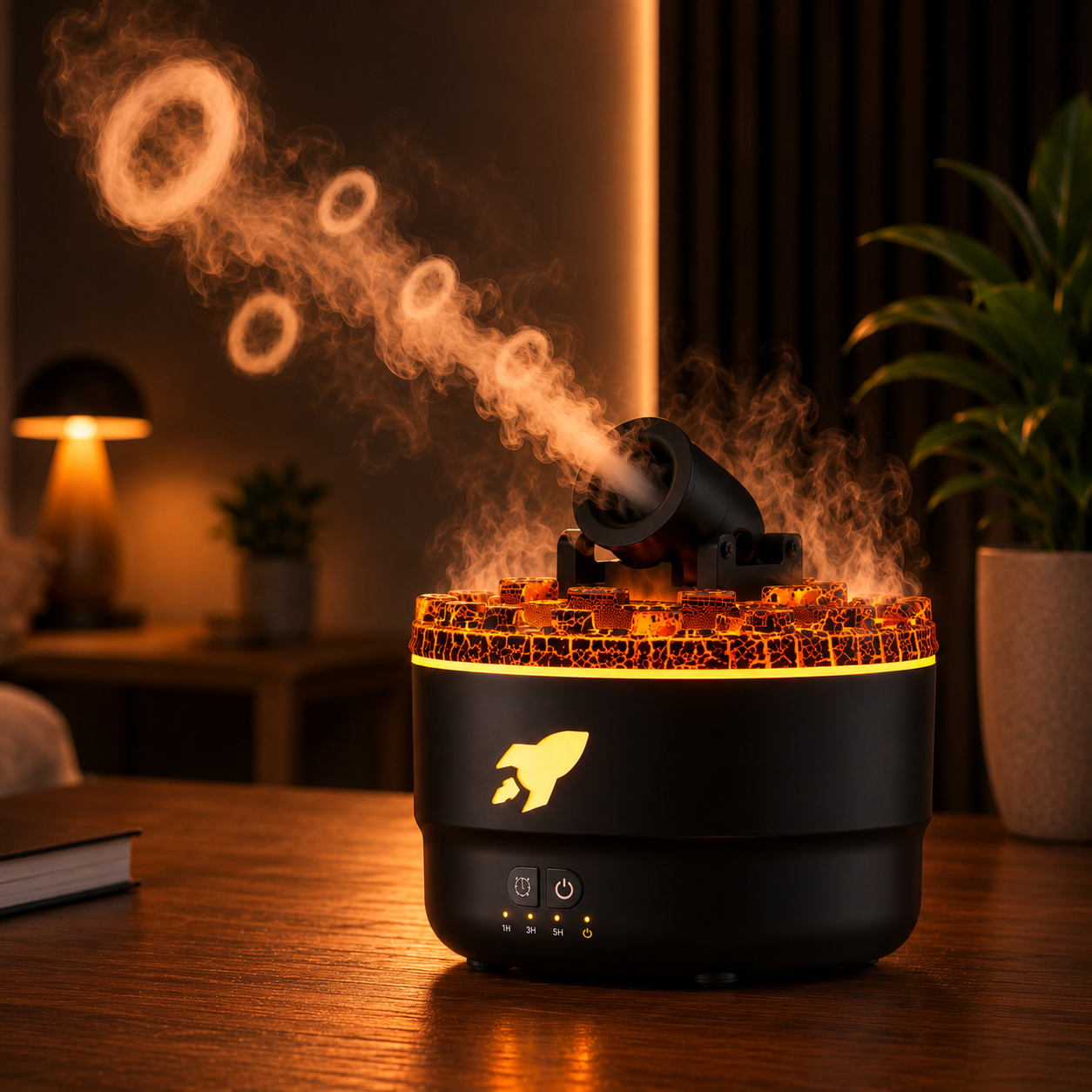 Diffuseur d'arôme flamme volcanique Humidificateur à anneau de fumée avec lumière crépitante